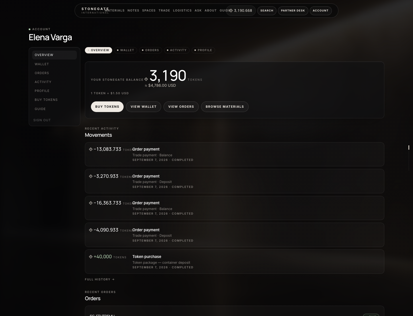 Account with Token balance and recent movements